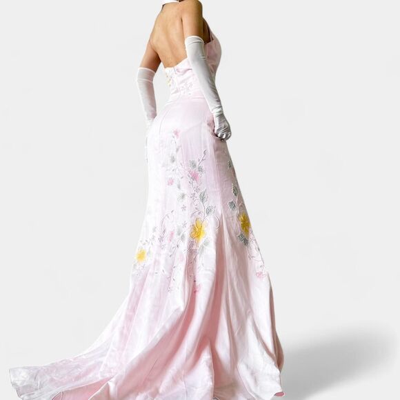 Vintage Pastel Pink Floral Beaded Fit Flared Maxi Formal Prom Dress Size S - Picture 4 of 8